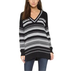 Vince Striped V-Neck Sweater in Black and White
